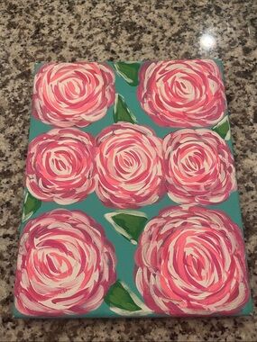 Hand-Painted Floral Canvas Art - Pink Roses on Teal